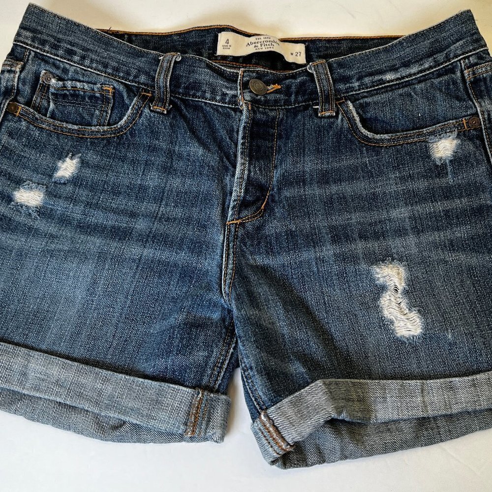 Abercrombie & Fitch Distressed Denim Shorts Women 4 W27 Dark Wash Cuffed Button